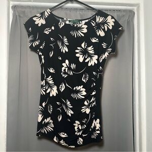 Lauren Ralph Lauren Black and White Floral Rusched Careerwear Top Size S